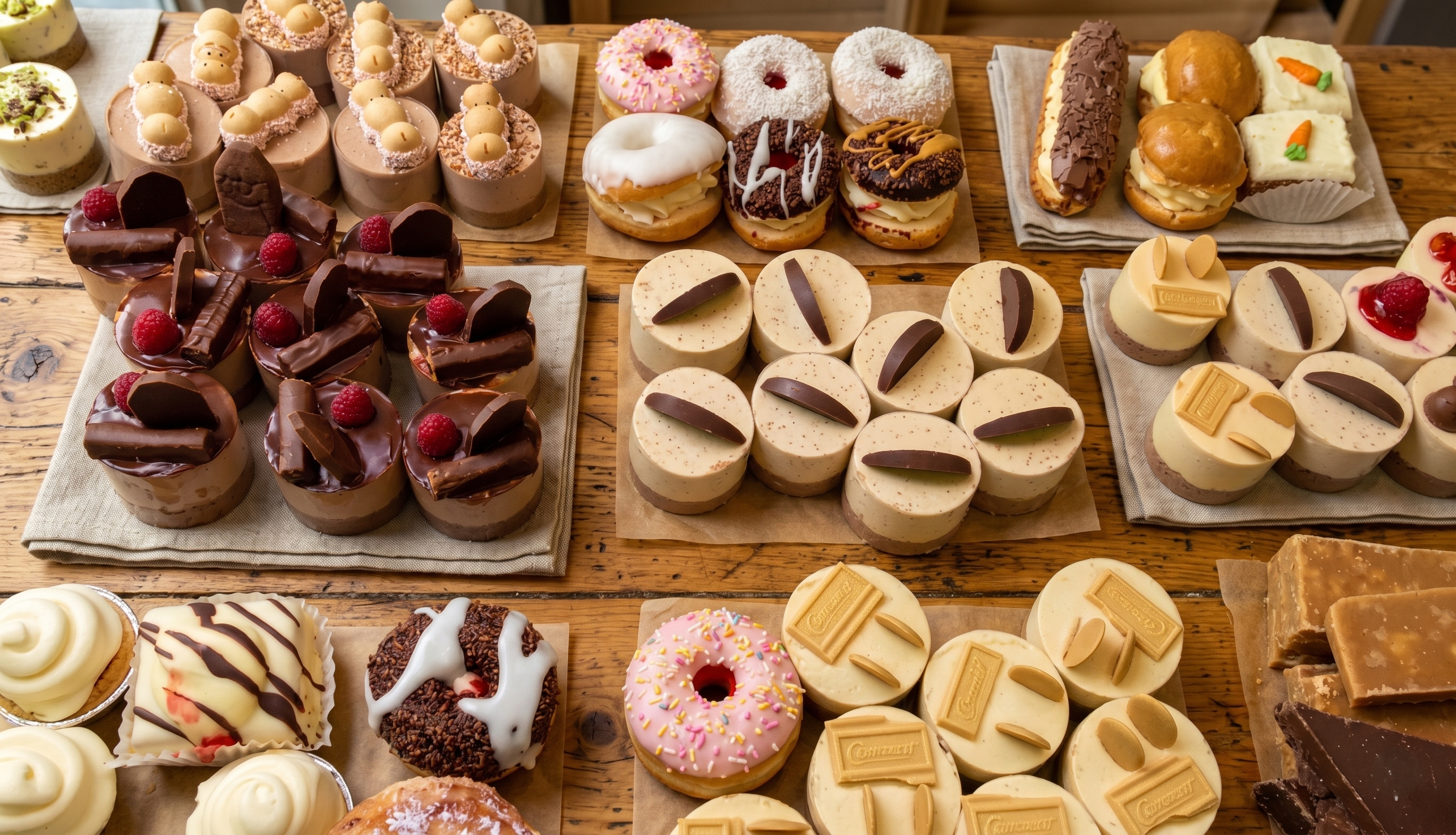 A selection of cakes on a wooden table