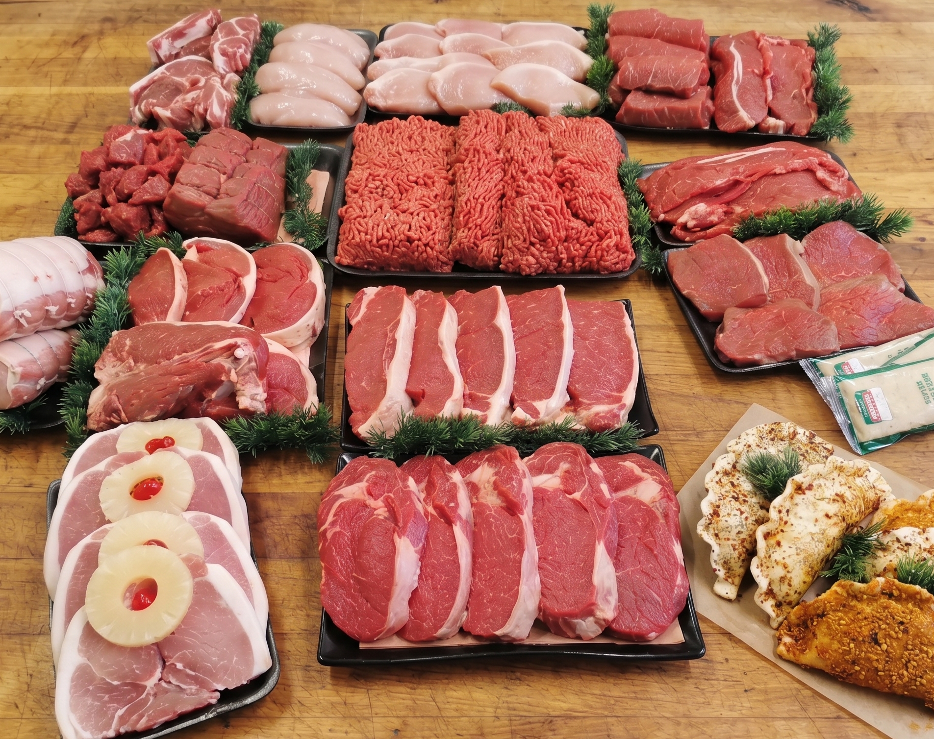 A selection of cuts of meat on a wodden table